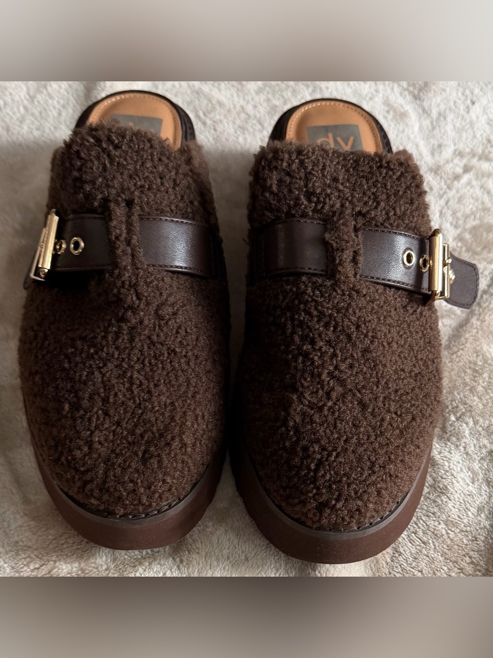 DV by Dolce Vita Brown Faux Shearling Buckle Mules Like New